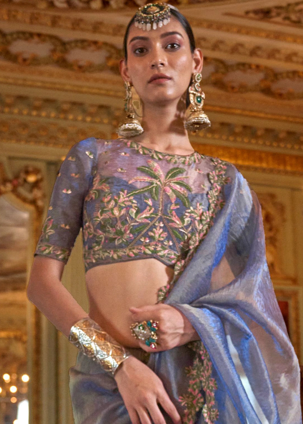 Shades Of Blue Soft Tissue Saree with Exquisite Multi Thread Embroidery work
