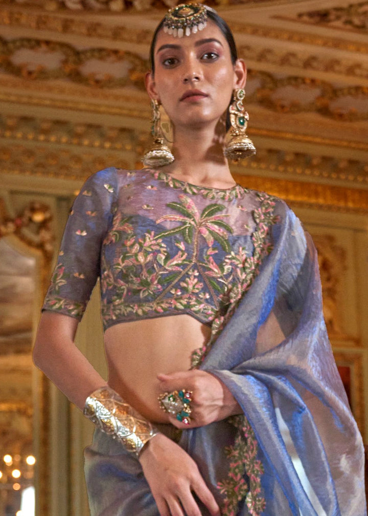 Shades Of Blue Soft Tissue Saree with Exquisite Multi Thread Embroidery work