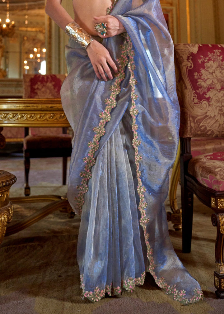 Shades Of Blue Soft Tissue Saree with Exquisite Multi Thread Embroidery work