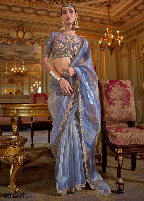 Shades Of Blue Soft Tissue Saree with Exquisite Multi Thread Embroidery work
