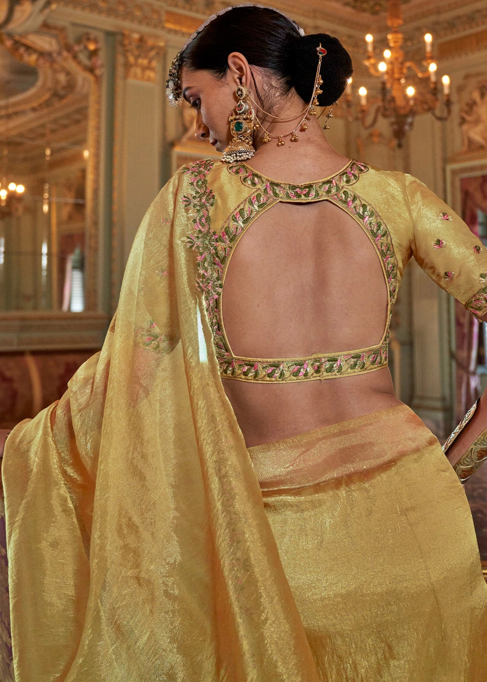 Blonde Yellow Soft Tissue Saree with Exquisite Multi Thread Embroidery work
