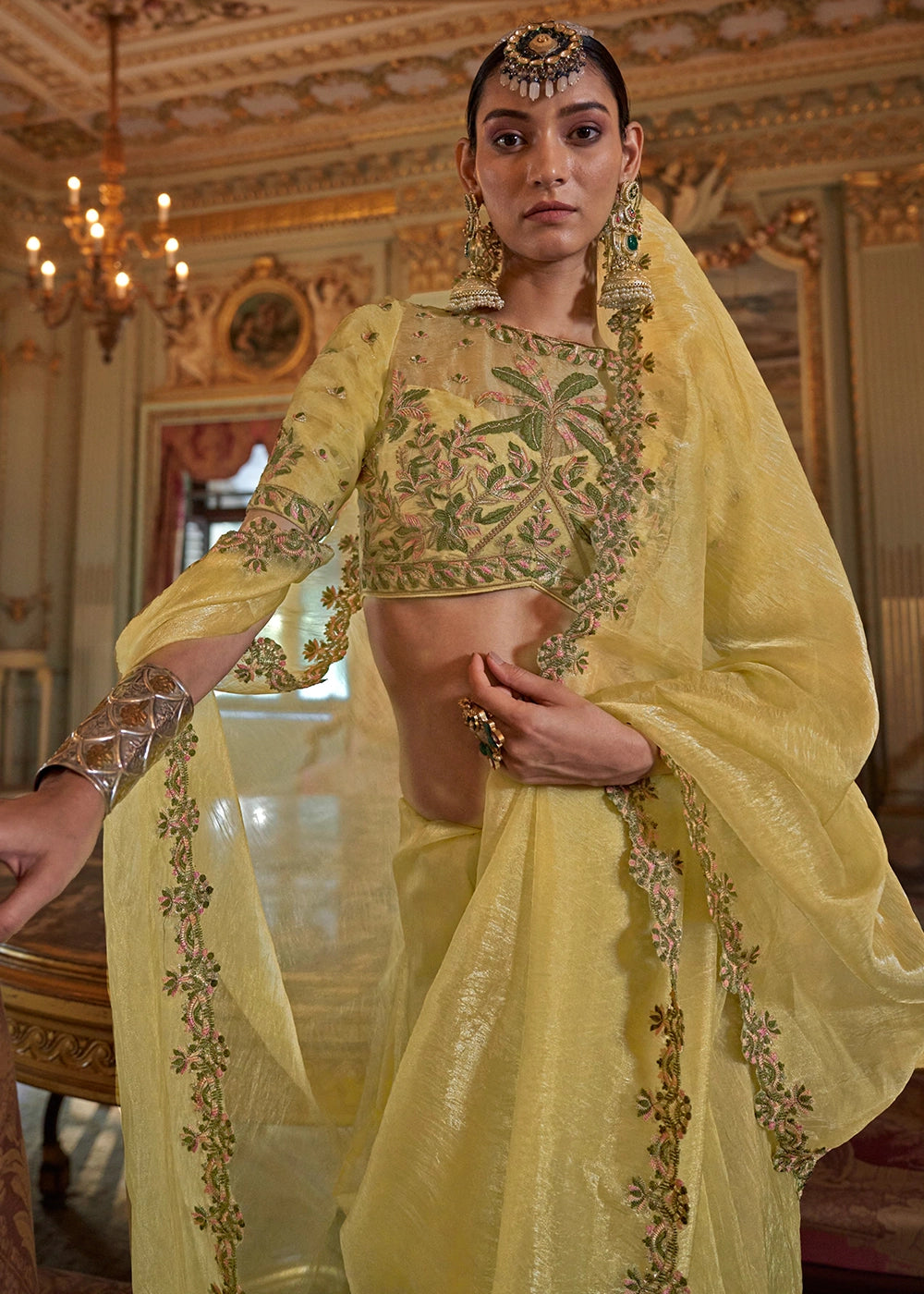 Blonde Yellow Soft Tissue Saree with Exquisite Multi Thread Embroidery work
