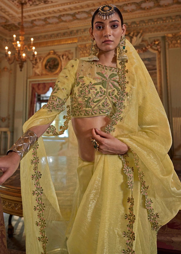 Blonde Yellow Soft Tissue Saree with Exquisite Multi Thread Embroidery work