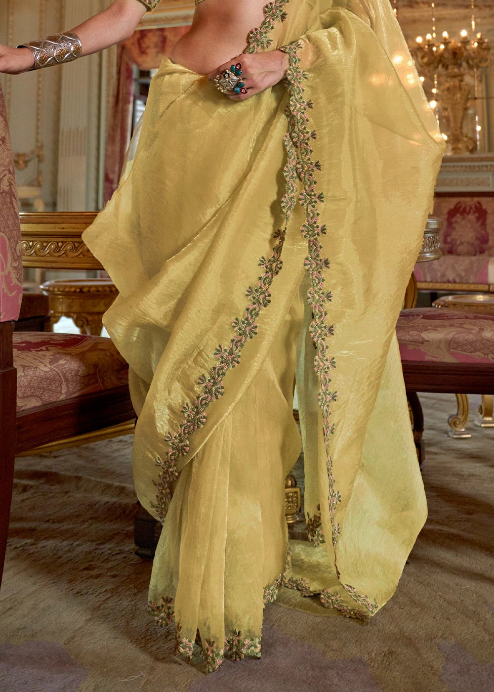 Blonde Yellow Soft Tissue Saree with Exquisite Multi Thread Embroidery work