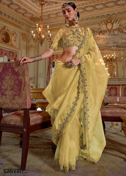 Blonde Yellow Soft Tissue Saree with Exquisite Multi Thread Embroidery work