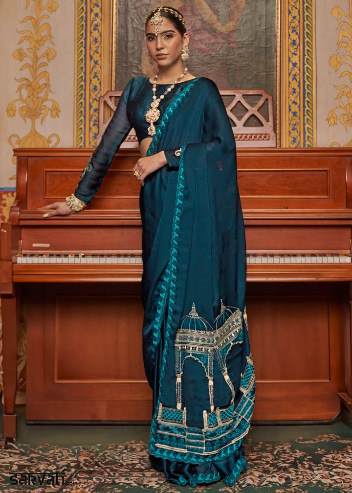 Space Blue Satin Chiffon Saree with Fine Multi Thread Embroidery Work