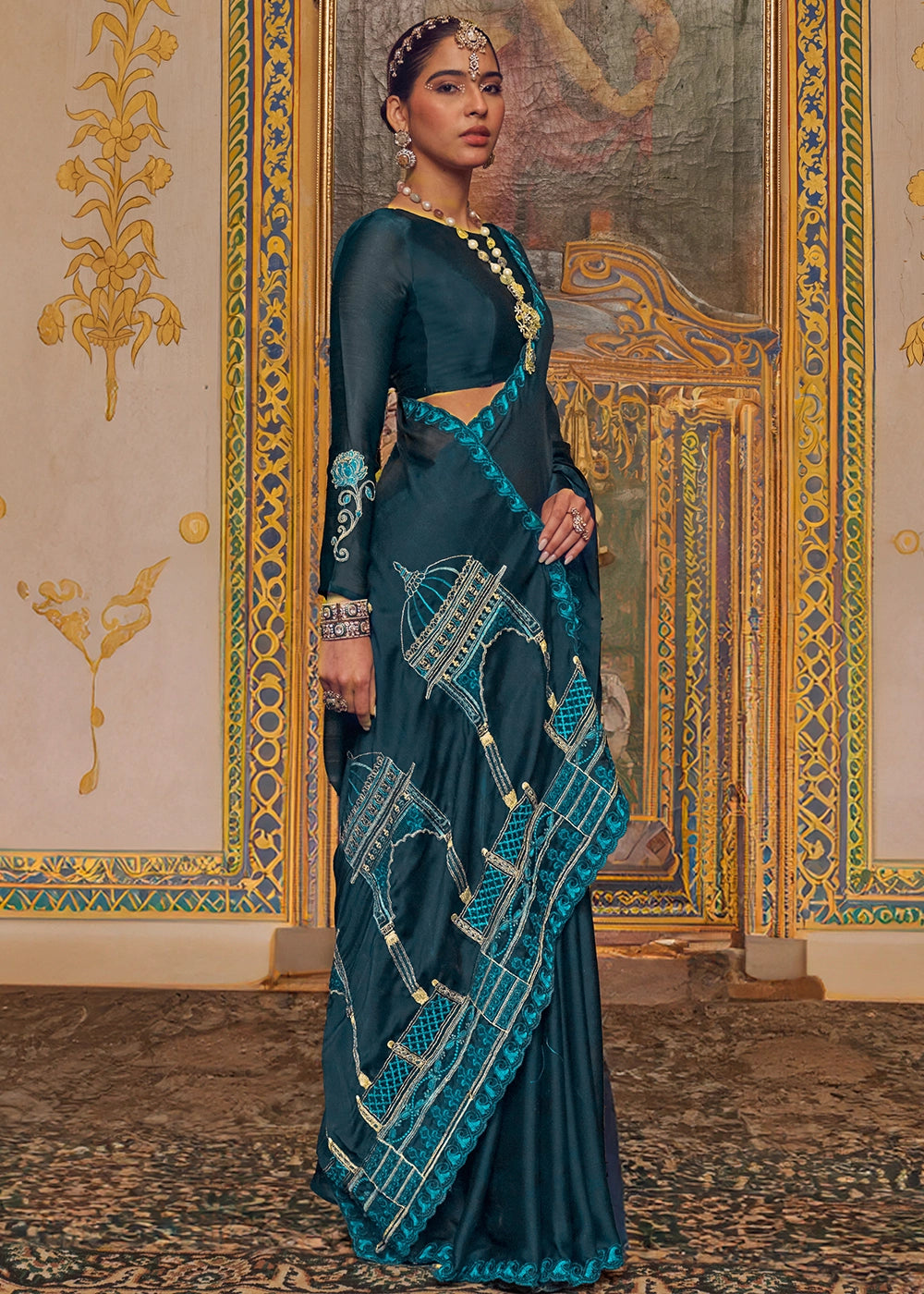 Space Blue Satin Chiffon Saree with Fine Multi Thread Embroidery Work