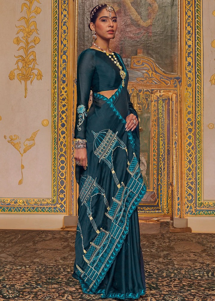 Space Blue Satin Chiffon Saree with Fine Multi Thread Embroidery Work