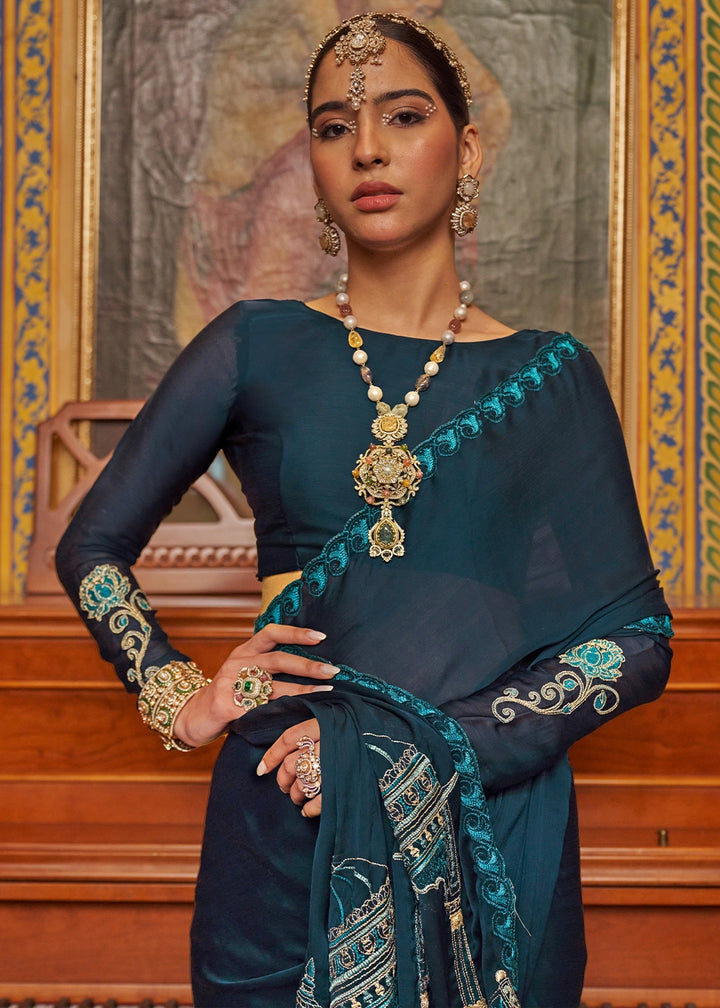 Space Blue Satin Chiffon Saree with Fine Multi Thread Embroidery Work