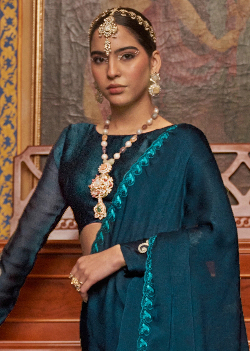 Space Blue Satin Chiffon Saree with Fine Multi Thread Embroidery Work