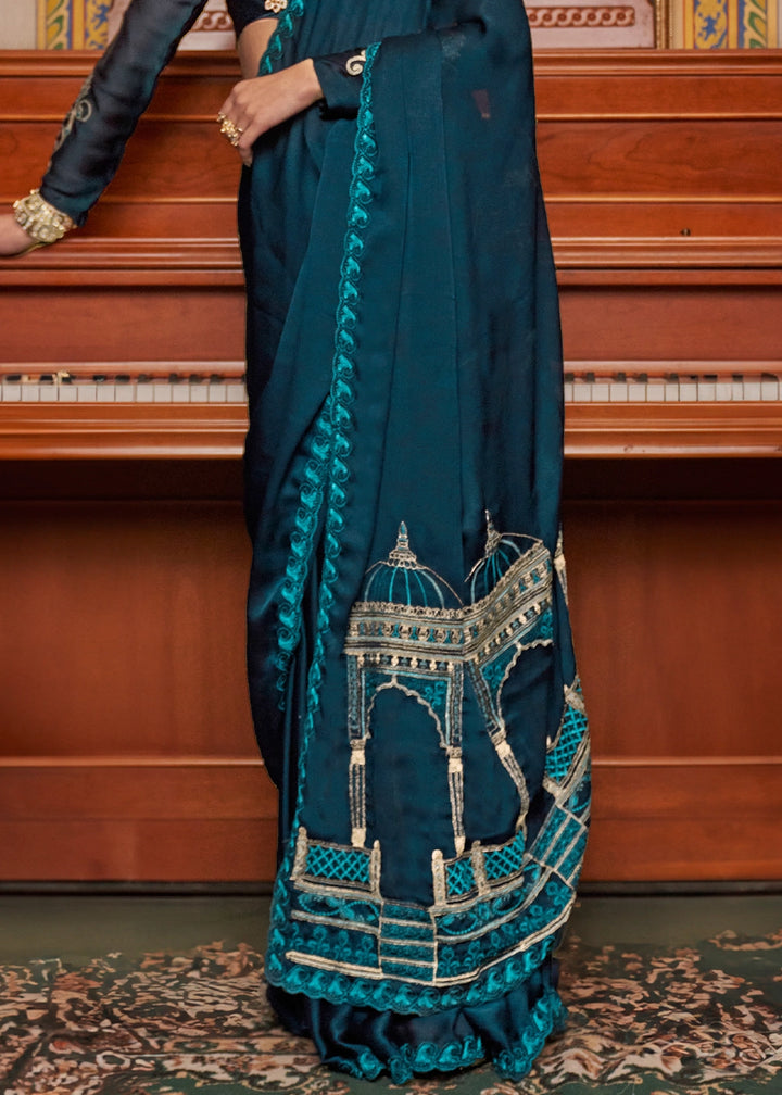 Space Blue Satin Chiffon Saree with Fine Multi Thread Embroidery Work