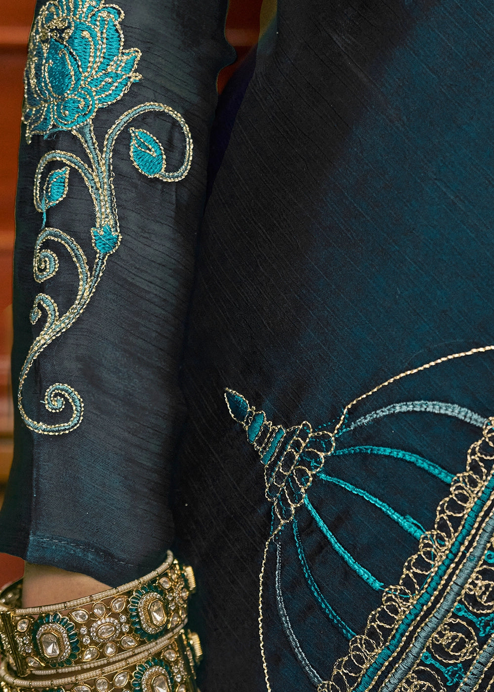 Space Blue Satin Chiffon Saree with Fine Multi Thread Embroidery Work