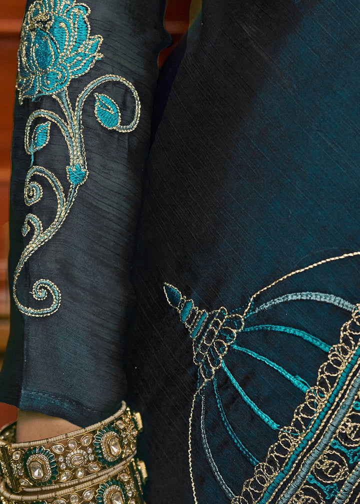 Space Blue Satin Chiffon Saree with Fine Multi Thread Embroidery Work