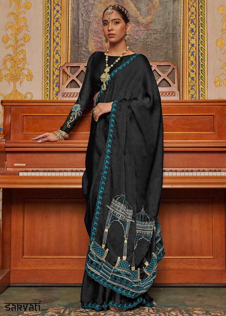 Pebble Black Satin Chiffon Saree with Fine Multi Thread Embroidery Work