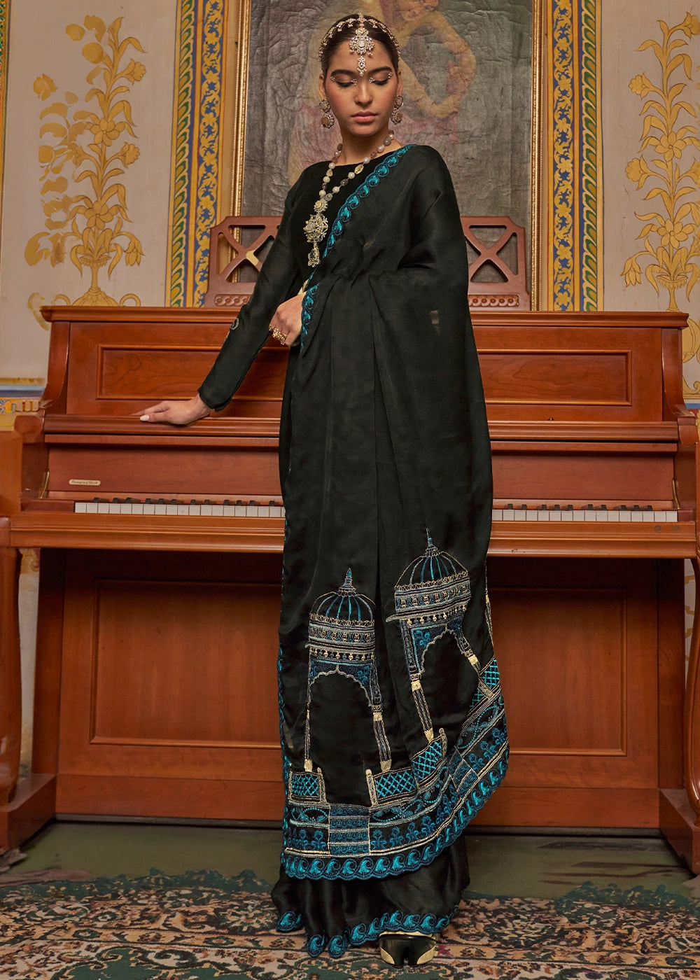 Pebble Black Satin Chiffon Saree with Fine Multi Thread Embroidery Work
