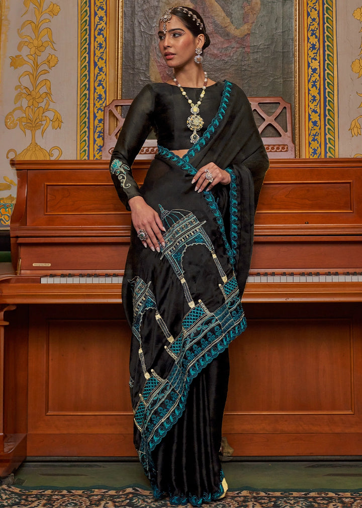 Pebble Black Satin Chiffon Saree with Fine Multi Thread Embroidery Work