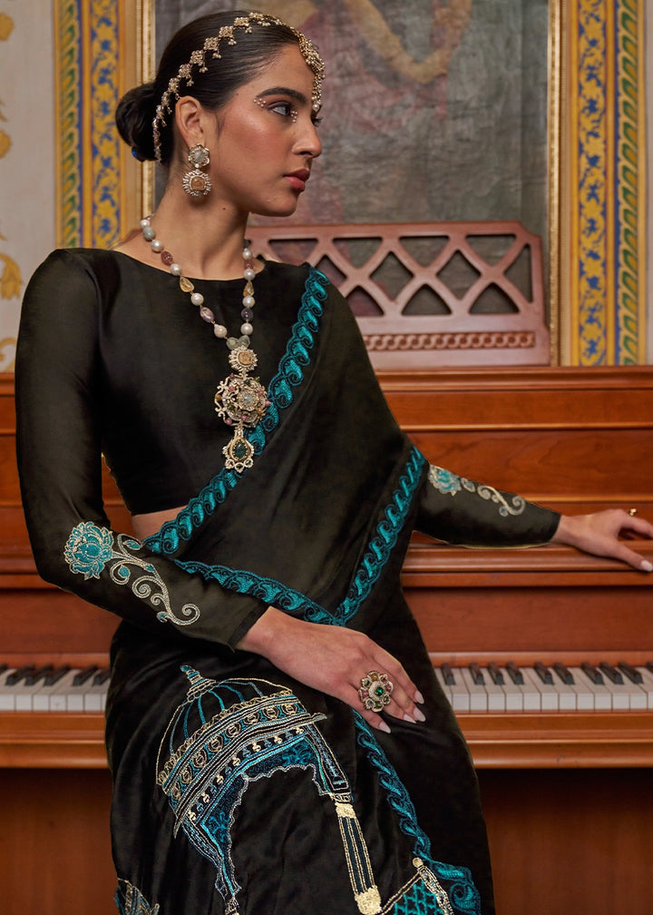 Pebble Black Satin Chiffon Saree with Fine Multi Thread Embroidery Work
