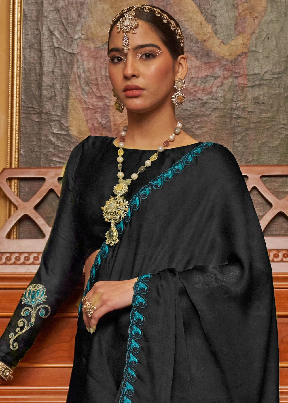 Pebble Black Satin Chiffon Saree with Fine Multi Thread Embroidery Work