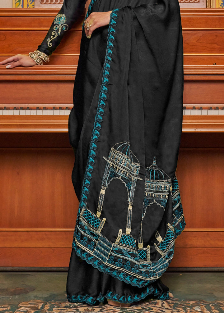 Pebble Black Satin Chiffon Saree with Fine Multi Thread Embroidery Work