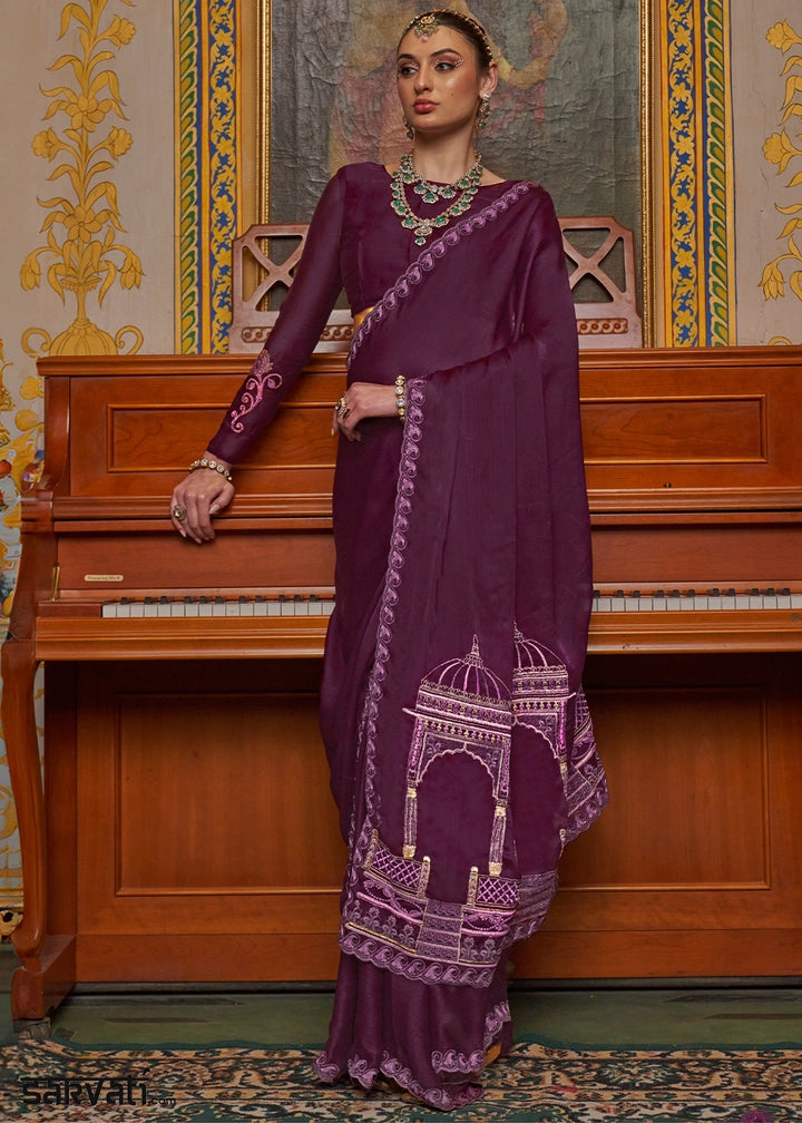 Byzantine Purple Satin Chiffon Saree with Fine Multi Thread Embroidery Work