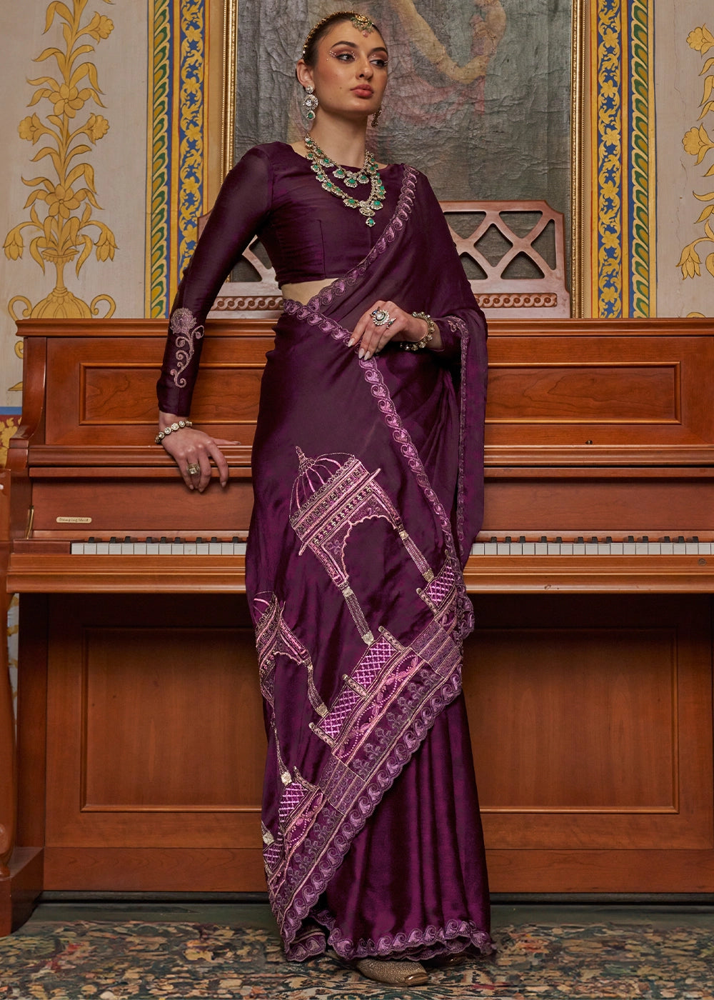 Byzantine Purple Satin Chiffon Saree with Fine Multi Thread Embroidery Work