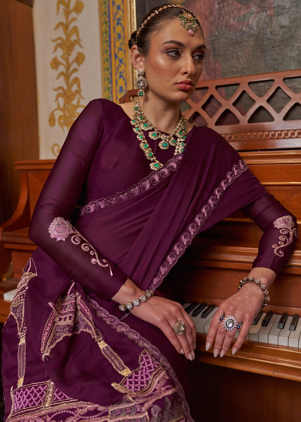 Byzantine Purple Satin Chiffon Saree with Fine Multi Thread Embroidery Work