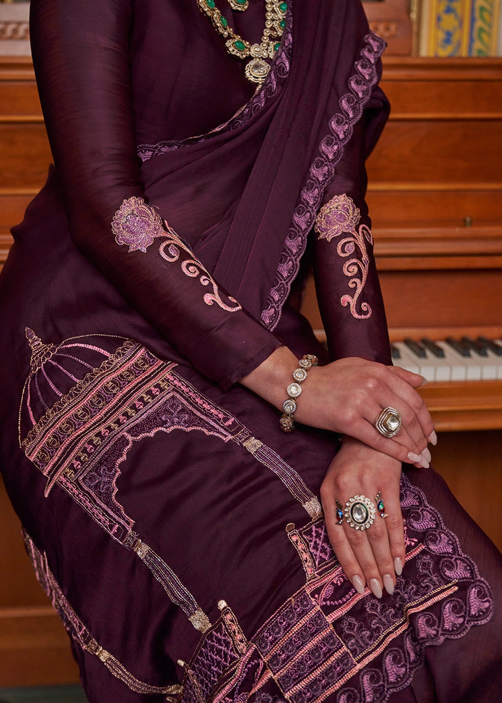 Byzantine Purple Satin Chiffon Saree with Fine Multi Thread Embroidery Work