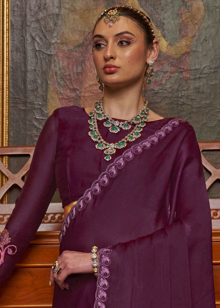 Byzantine Purple Satin Chiffon Saree with Fine Multi Thread Embroidery Work