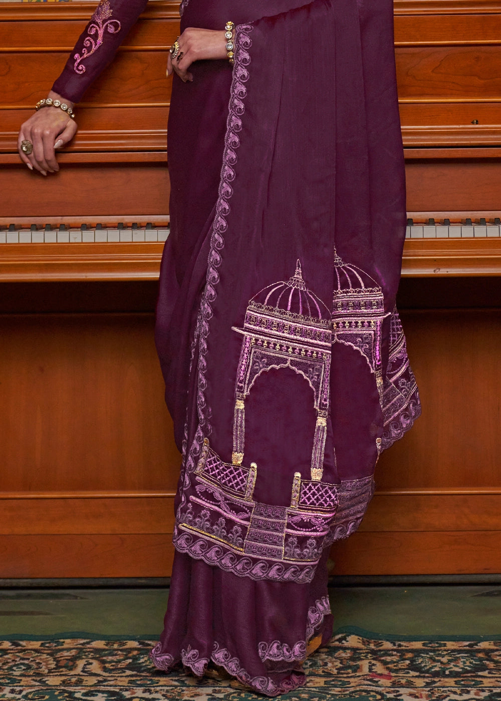 Byzantine Purple Satin Chiffon Saree with Fine Multi Thread Embroidery Work