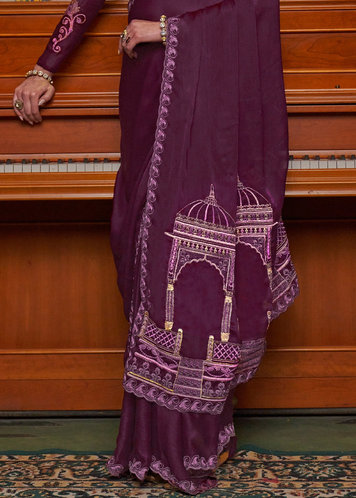 Byzantine Purple Satin Chiffon Saree with Fine Multi Thread Embroidery Work