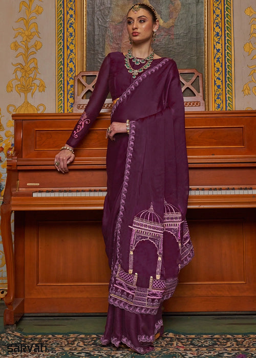 Byzantine Purple Satin Chiffon Saree with Fine Multi Thread Embroidery Work