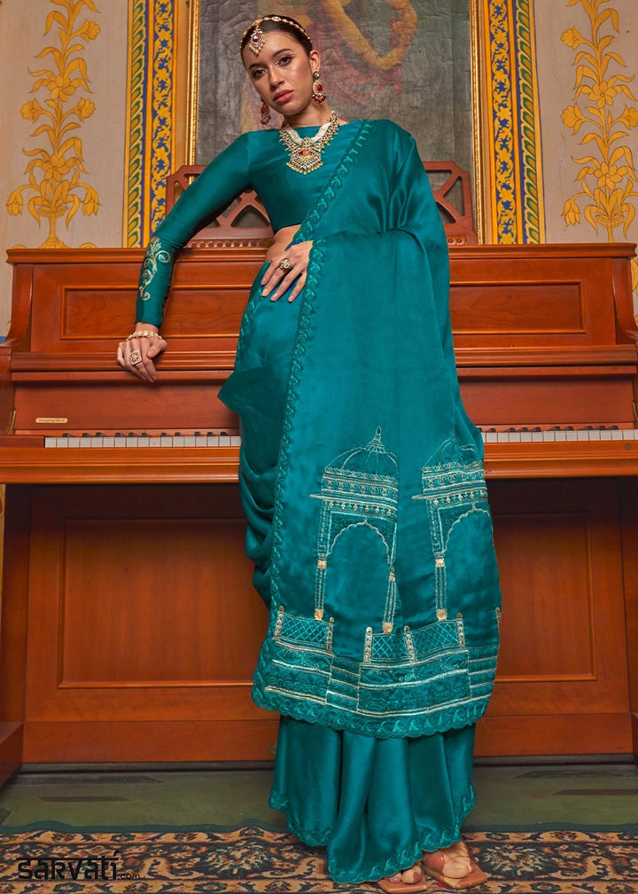 Dark Cerulean Blue Satin Chiffon Saree with Fine Multi Thread Embroidery Work