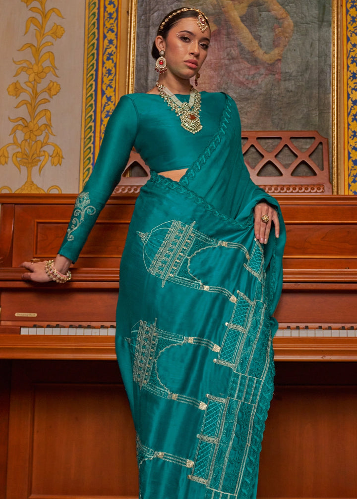 Dark Cerulean Blue Satin Chiffon Saree with Fine Multi Thread Embroidery Work