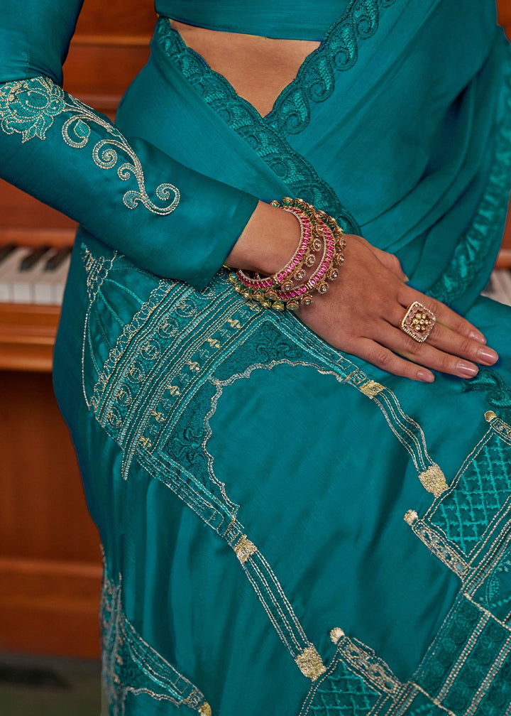 Dark Cerulean Blue Satin Chiffon Saree with Fine Multi Thread Embroidery Work