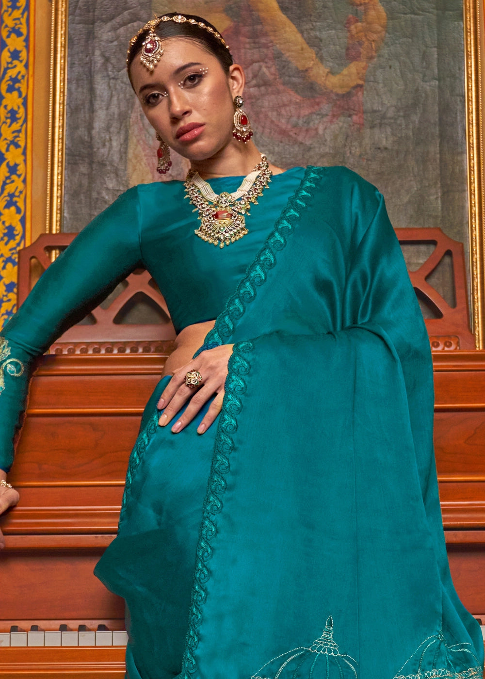 Dark Cerulean Blue Satin Chiffon Saree with Fine Multi Thread Embroidery Work