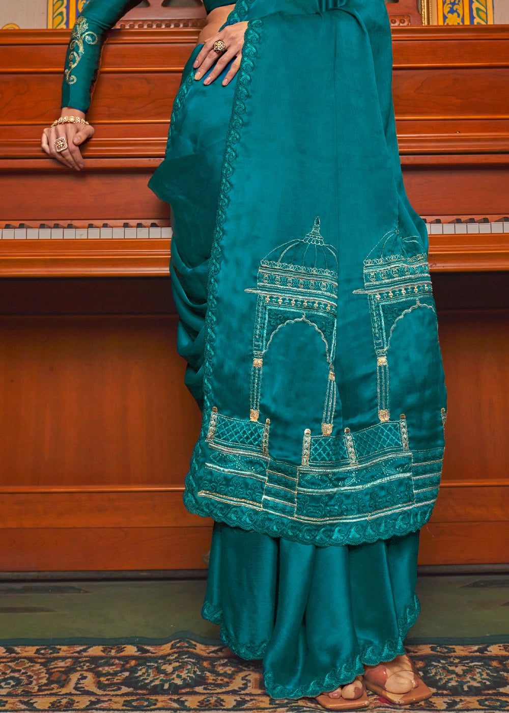 Dark Cerulean Blue Satin Chiffon Saree with Fine Multi Thread Embroidery Work