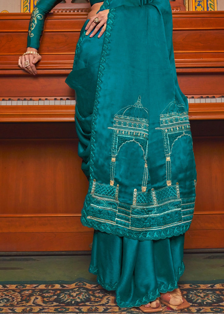 Dark Cerulean Blue Satin Chiffon Saree with Fine Multi Thread Embroidery Work