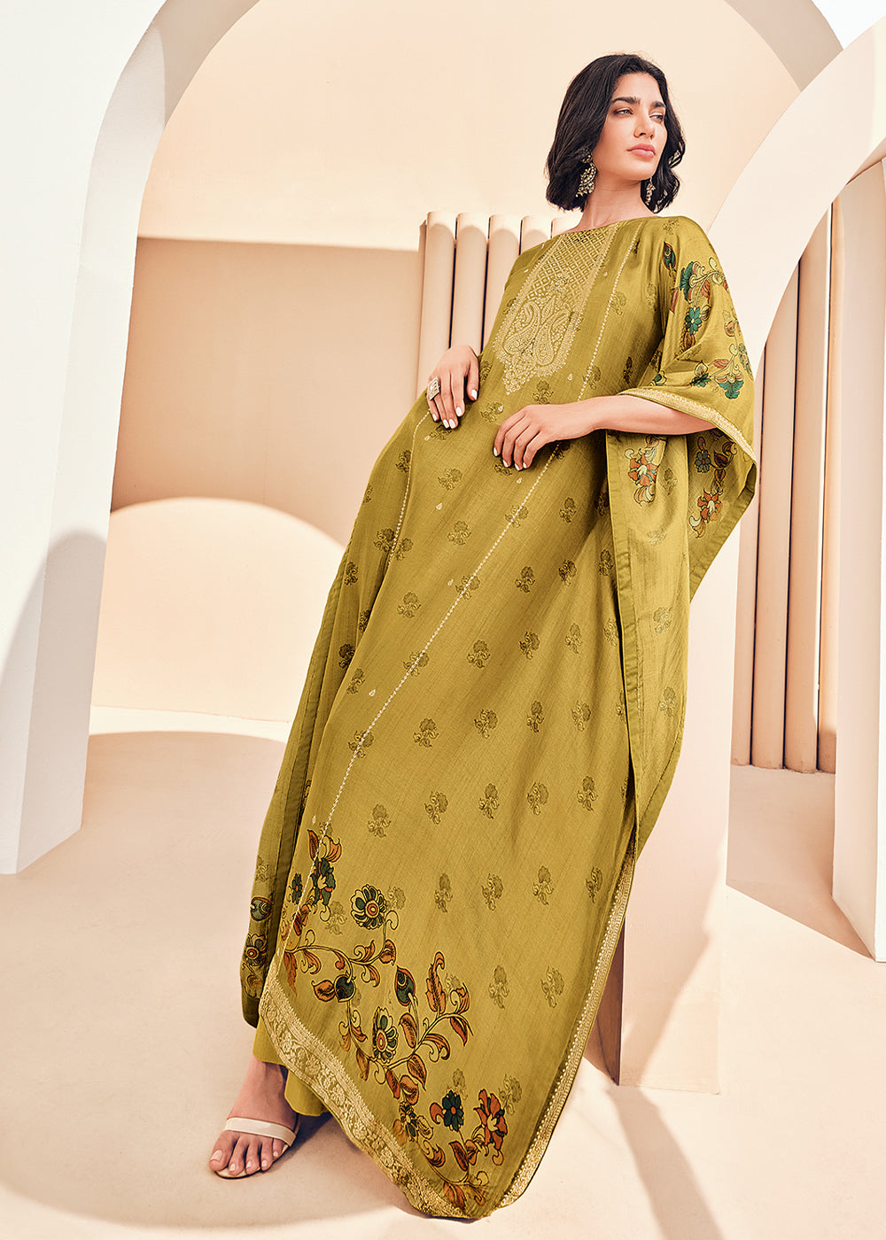 Dijon Yellow Floral Digital Print Kaftan Set in Woven Viscose