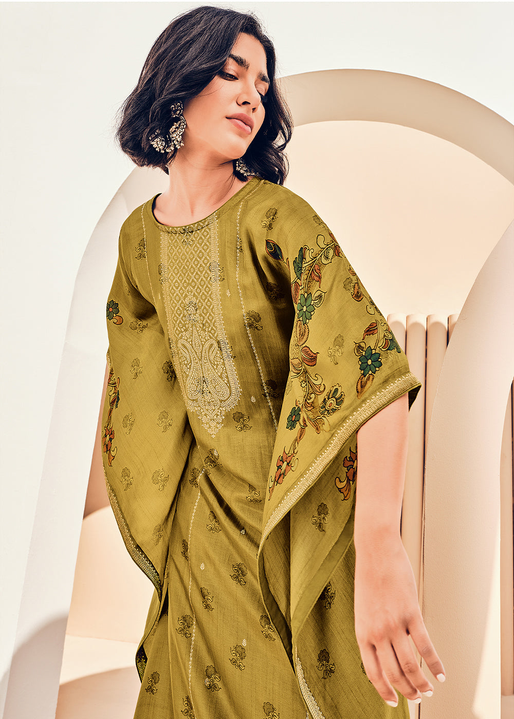 Dijon Yellow Floral Digital Print Kaftan Set in Woven Viscose