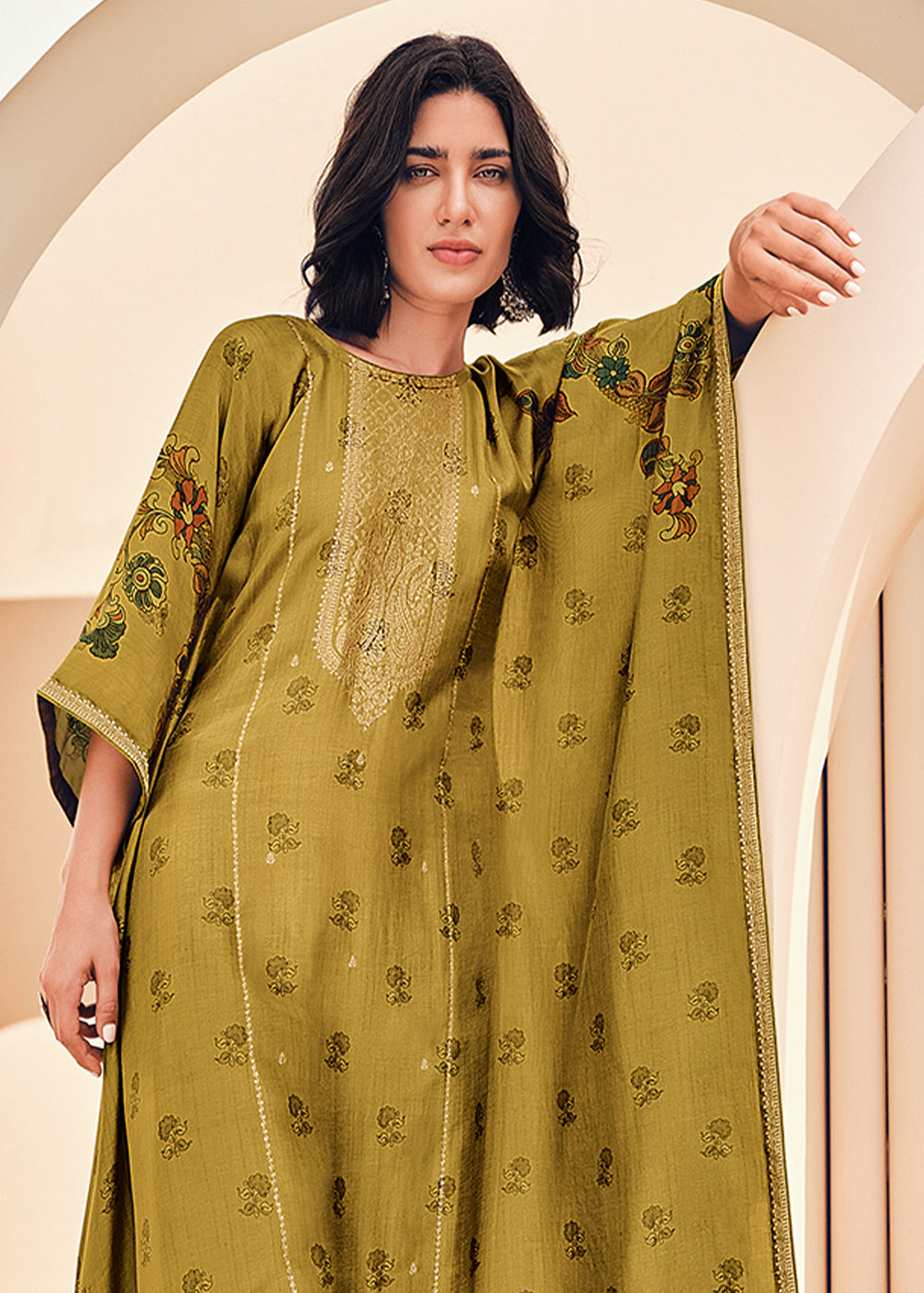 Dijon Yellow Floral Digital Print Kaftan Set in Woven Viscose