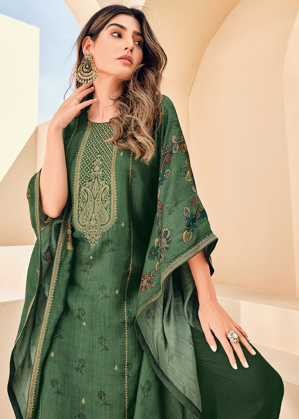 Emerald Green Floral Digital Print Kaftan Set in Woven Viscose