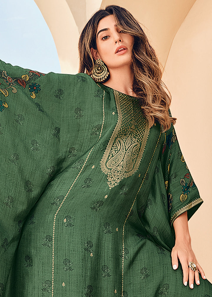 Emerald Green Floral Digital Print Kaftan Set in Woven Viscose