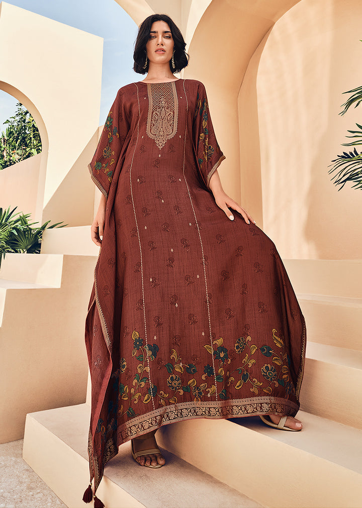 Burnt Umber Brown Floral Digital Print Kaftan Set in Woven Viscose