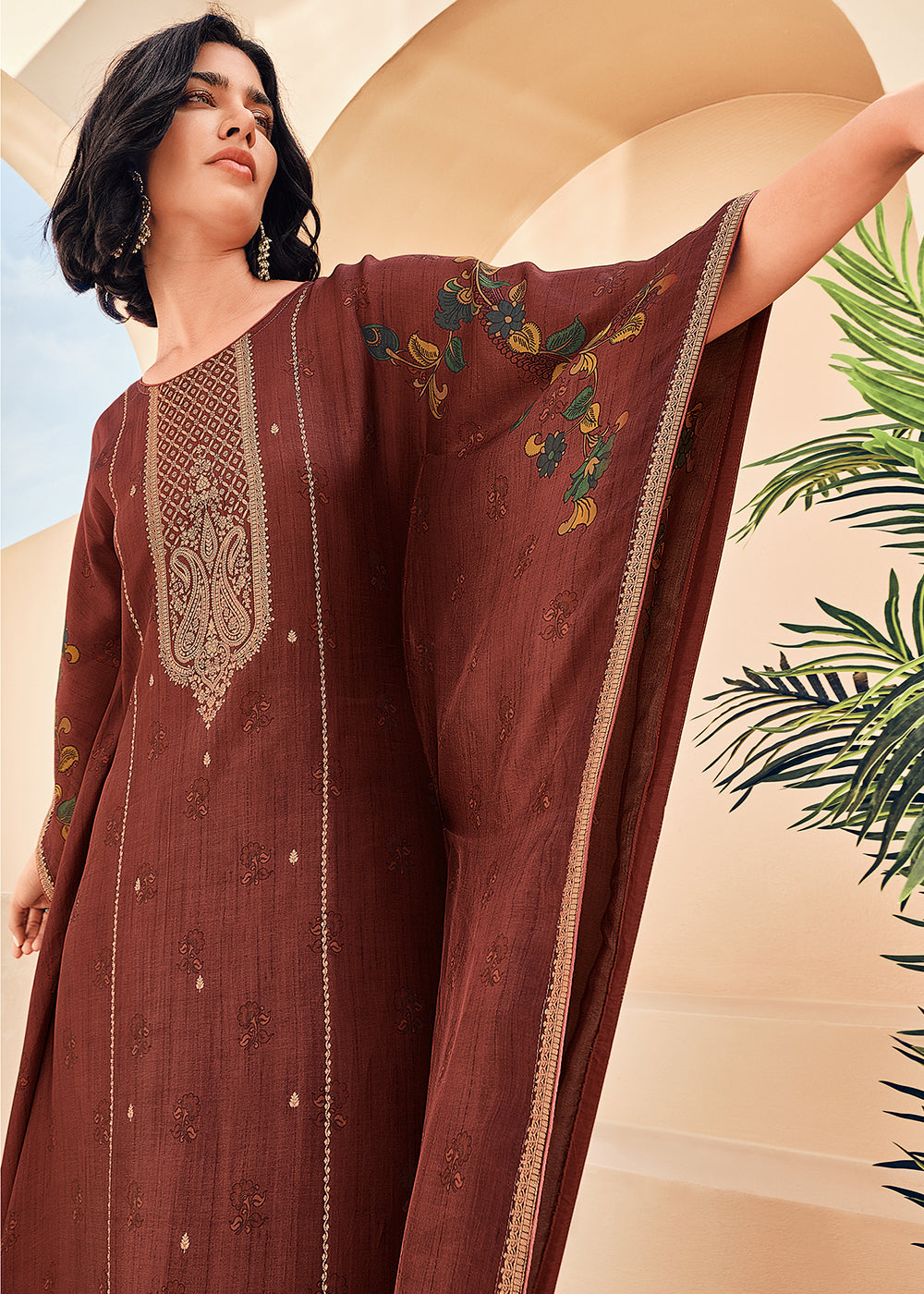 Burnt Umber Brown Floral Digital Print Kaftan Set in Woven Viscose