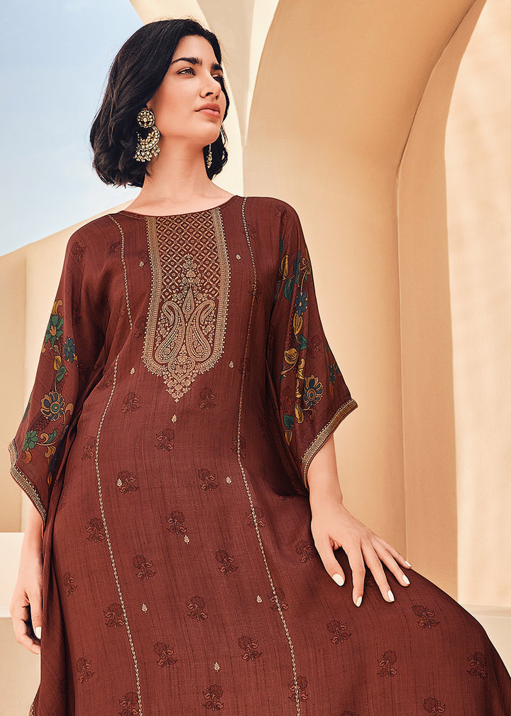 Burnt Umber Brown Floral Digital Print Kaftan Set in Woven Viscose