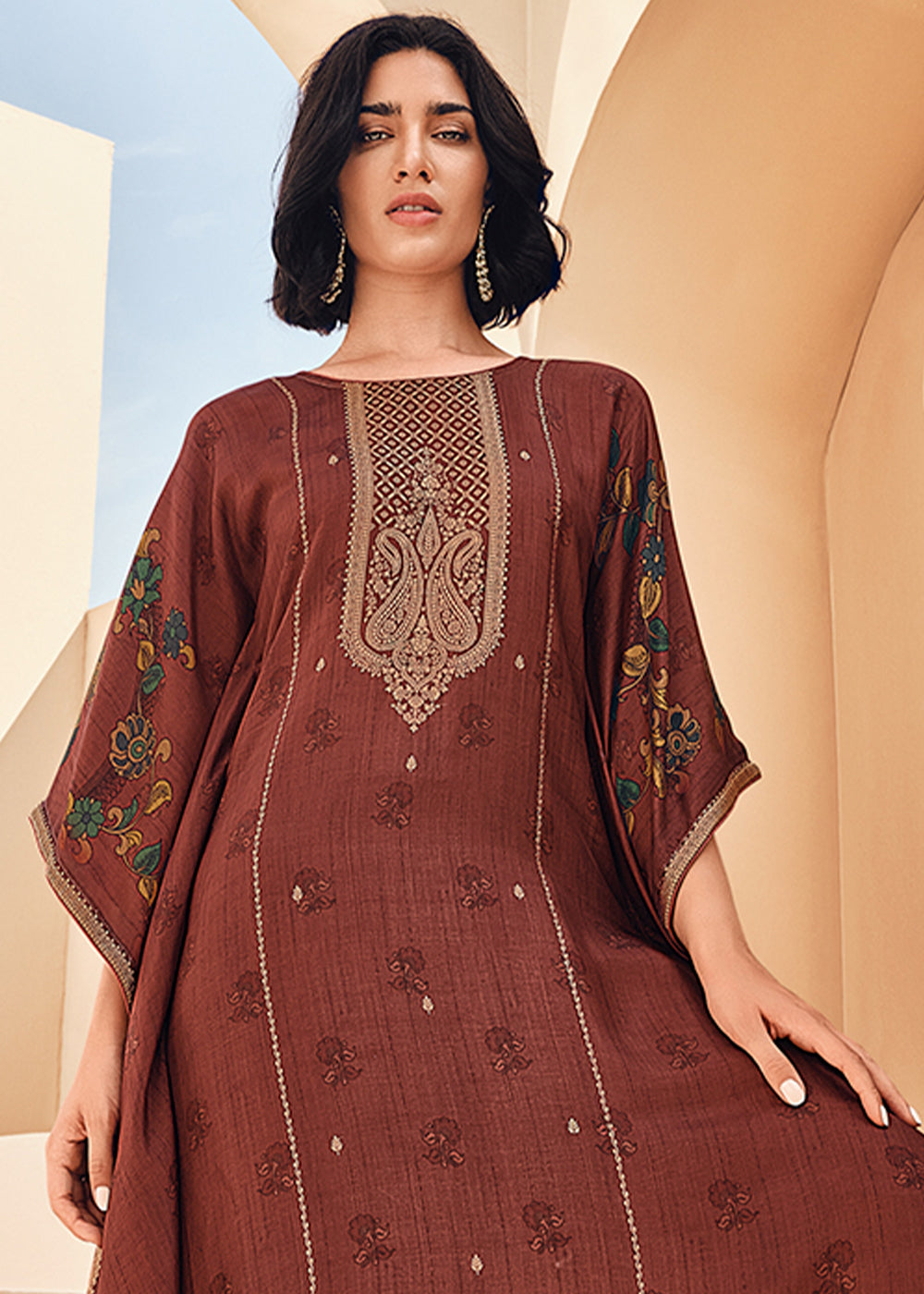 Burnt Umber Brown Floral Digital Print Kaftan Set in Woven Viscose