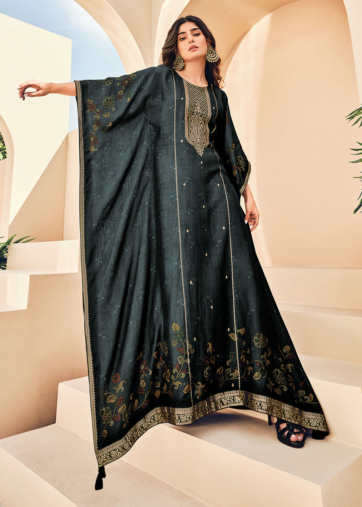 Raven Black Floral Digital Print Kaftan Set in Woven Viscose