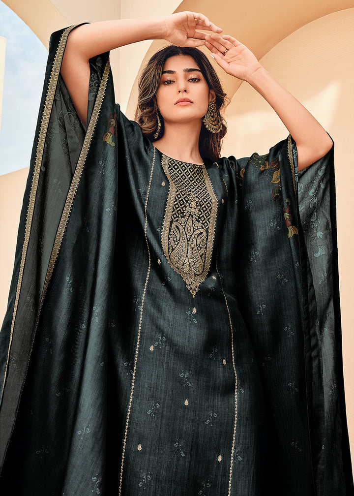 Raven Black Floral Digital Print Kaftan Set in Woven Viscose