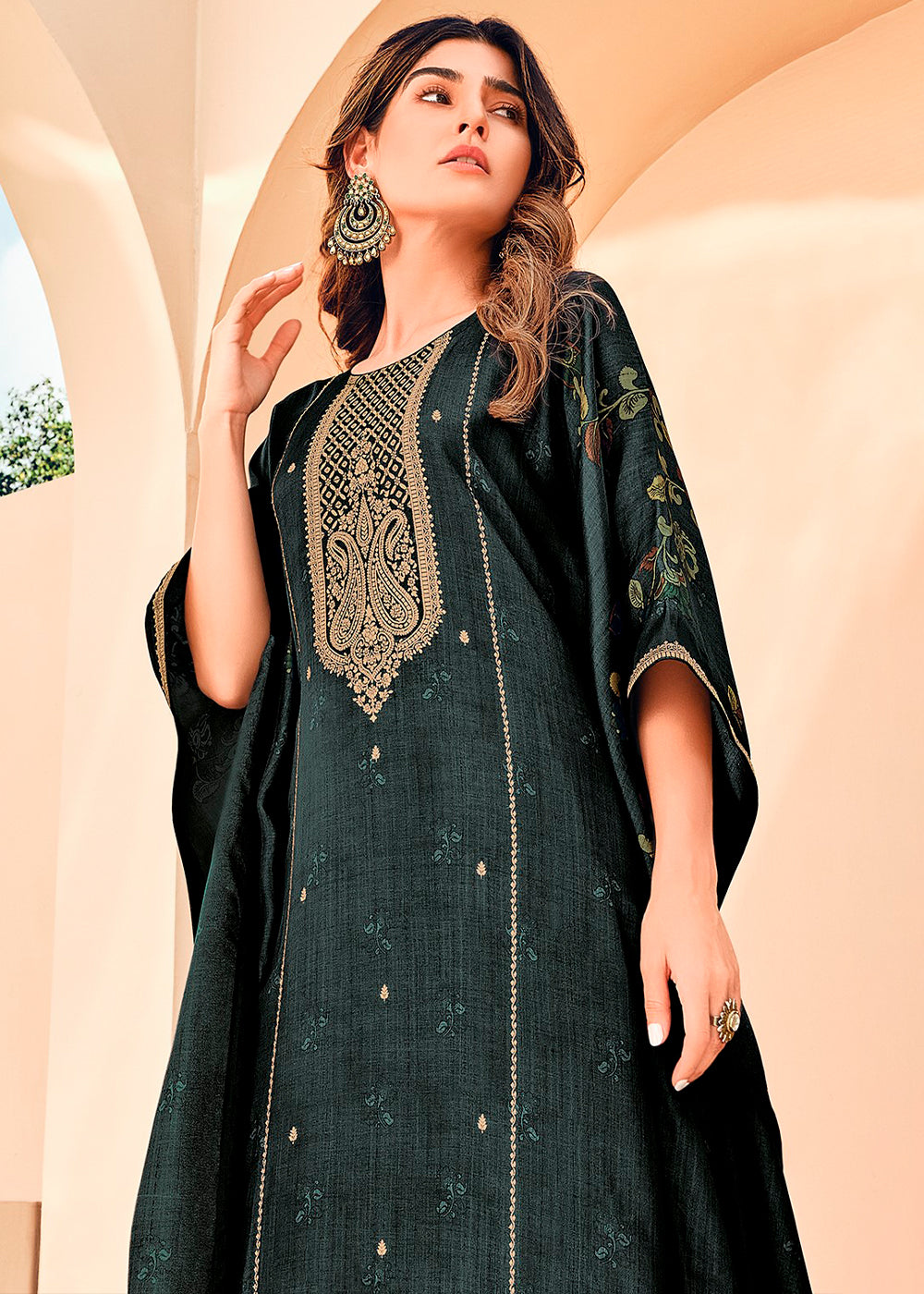 Raven Black Floral Digital Print Kaftan Set in Woven Viscose