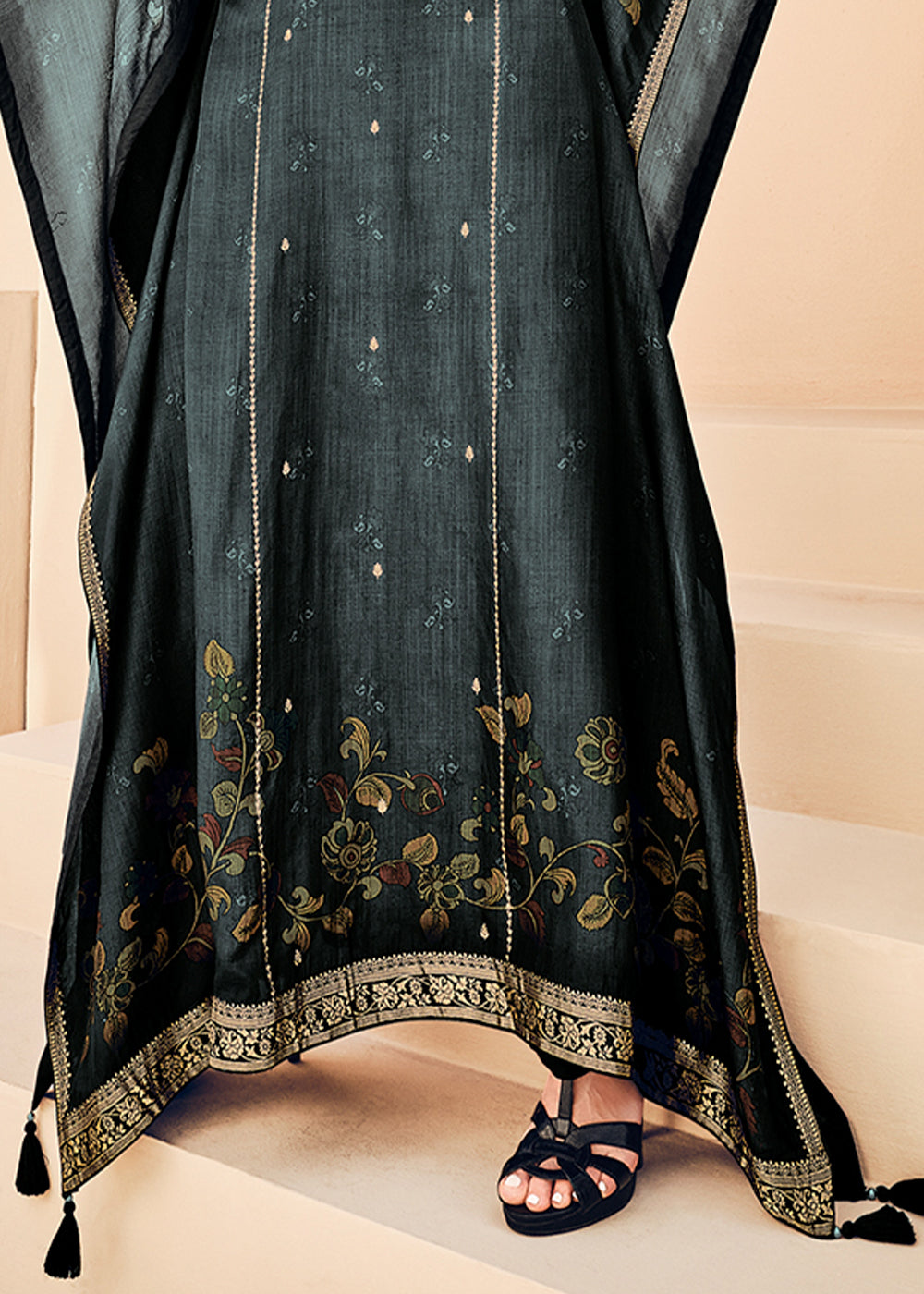 Raven Black Floral Digital Print Kaftan Set in Woven Viscose